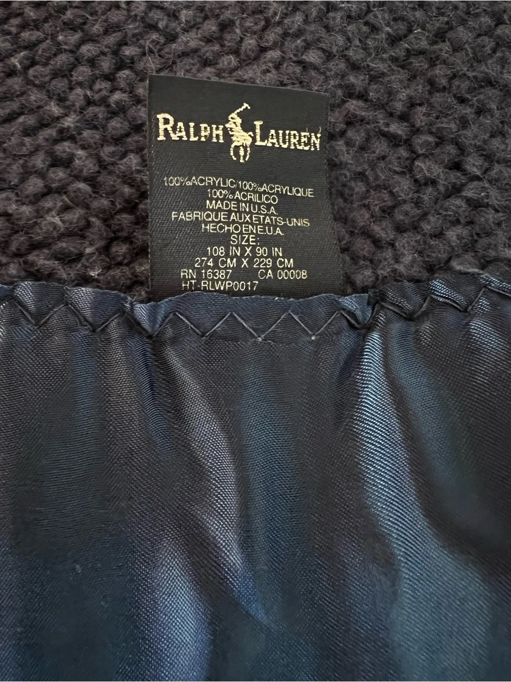 Vintage Ralph Lauren Acrylic Blanket Satin Trim Navy Blue King Size Made In USA